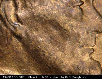 Die-stage B marker on 1940P•1DO•007 (1940 Doubled Die Obverse).