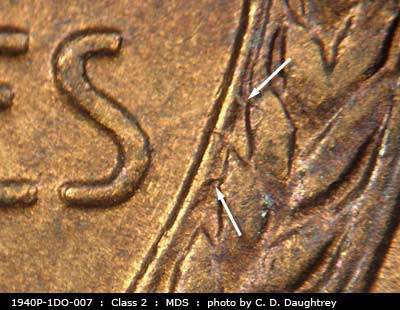 Die-stage B marker on 1940P•1DO•007 (1940 Doubled Die Obverse).