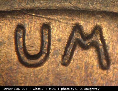 Die-stage B marker on 1940P•1DO•007 (1940 Doubled Die Obverse).