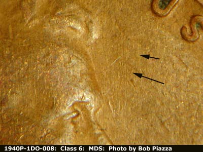 Die-stage B marker on 1940P•1DO•008 (1940 Doubled Die Obverse).