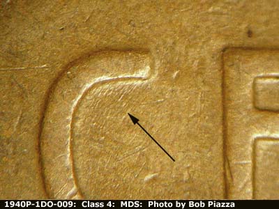 Die-stage B marker on 1940P•1DO•009 (1940 Doubled Die Obverse).