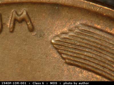 Die-stage B marker on 1940P•1DR•001 (1940 Doubled Die Reverse).