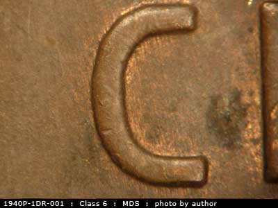 Die-stage B marker on 1940P•1DR•001 (1940 Doubled Die Reverse).
