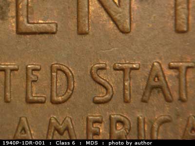 Die-stage B marker on 1940P•1DR•001 (1940 Doubled Die Reverse).