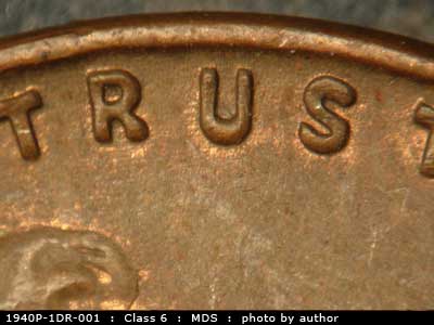 Die-stage B marker on 1940P•1DR•001 (1940 Doubled Die Reverse).