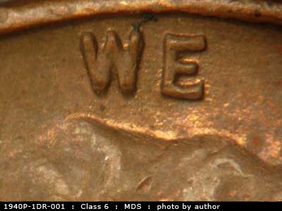 Die-stage B marker on 1940P•1DR•001 (1940 Doubled Die Reverse).