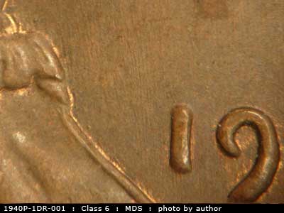 Die-stage B marker on 1940P•1DR•001 (1940 Doubled Die Reverse).