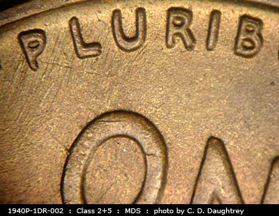 Die-stage B marker on 1940P•1DR•002 (1940 Doubled Die Reverse).