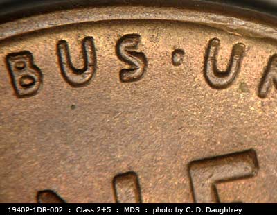 Die-stage B marker on 1940P•1DR•002 (1940 Doubled Die Reverse).