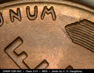 Die-stage B marker on 1940P•1DR•002 (1940 Doubled Die Reverse).