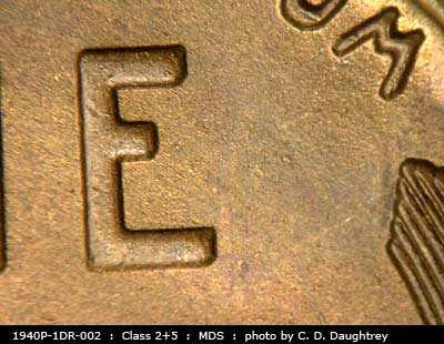 Die-stage B marker on 1940P•1DR•002 (1940 Doubled Die Reverse).