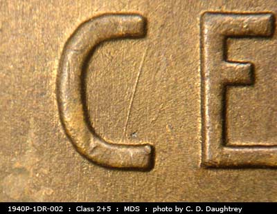 Die-stage B marker on 1940P•1DR•002 (1940 Doubled Die Reverse).