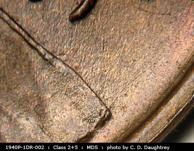 Die-stage B marker on 1940P•1DR•002 (1940 Doubled Die Reverse).