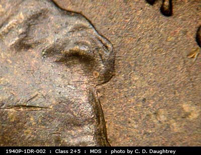 Die-stage B marker on 1940P•1DR•002 (1940 Doubled Die Reverse).