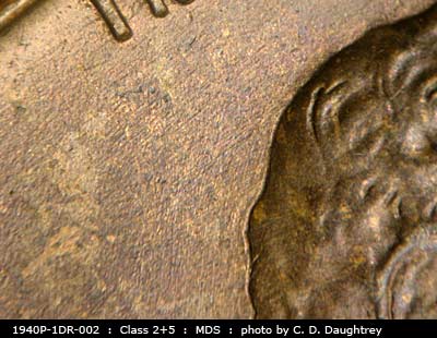 Die-stage B marker on 1940P•1DR•002 (1940 Doubled Die Reverse).