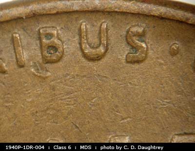 Die-stage B marker on 1940P•1DR•004 (1940 Doubled Die Reverse).