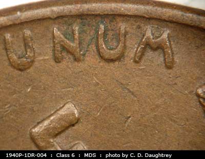 Die-stage B marker on 1940P•1DR•004 (1940 Doubled Die Reverse).