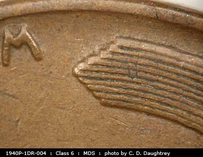 Die-stage B marker on 1940P•1DR•004 (1940 Doubled Die Reverse).