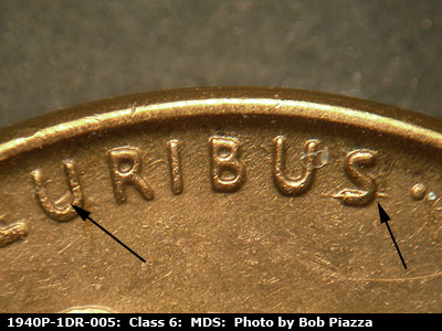 Die-stage B marker on 1940P•1DR•005 (1940 Doubled Die Reverse).