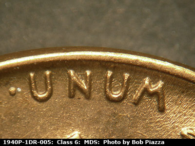 Die-stage B marker on 1940P•1DR•005 (1940 Doubled Die Reverse).