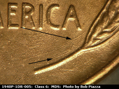 Die-stage B marker on 1940P•1DR•005 (1940 Doubled Die Reverse).