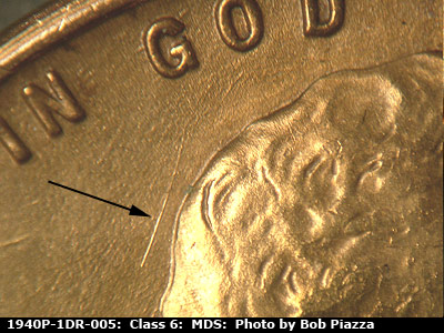 Die-stage B marker on 1940P•1DR•005 (1940 Doubled Die Reverse).