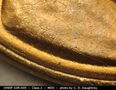 Die-stage B marker on 1940P•1DR•005 (1940 Doubled Die Reverse).