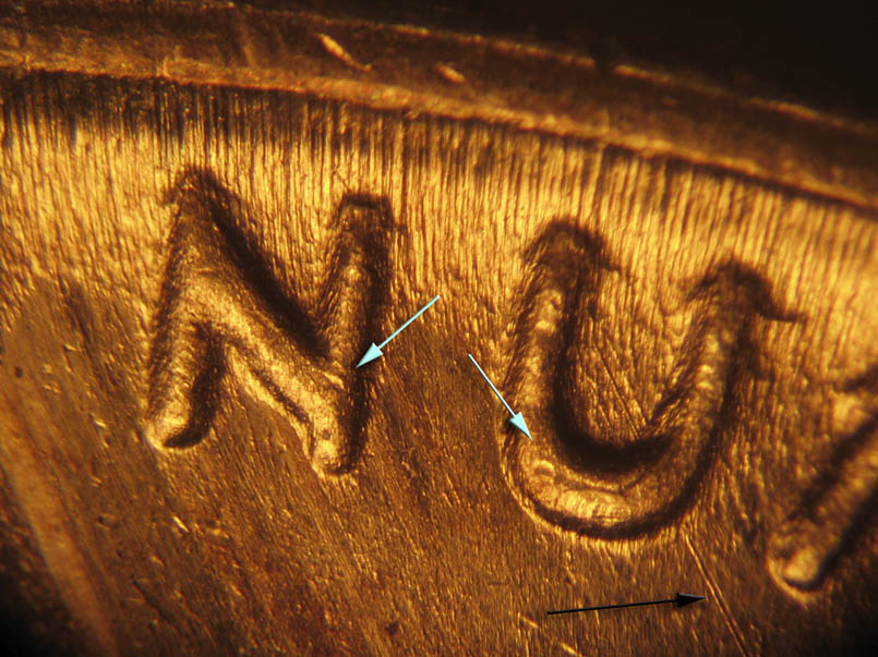 Die-stage B marker on 1940P•1DR•006 (1940 Doubled Die Reverse).