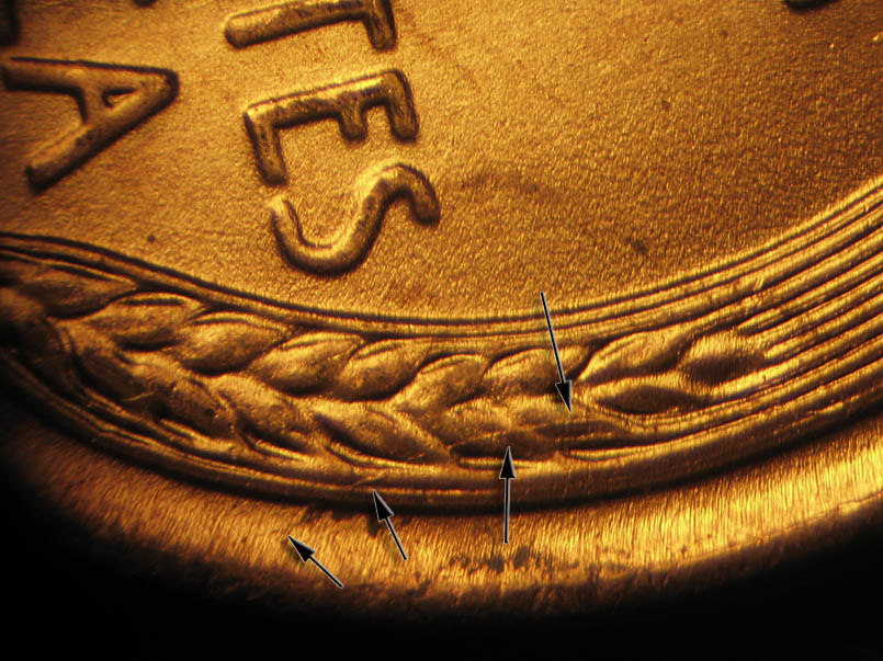 Die-stage B marker on 1940P•1DR•006 (1940 Doubled Die Reverse).