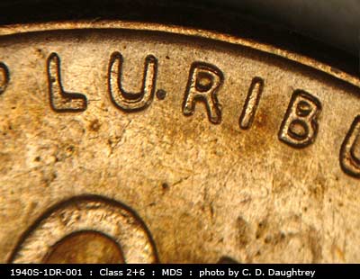 Die-stage B marker on 1940S•1DR•001 (1940 Doubled Die Reverse).