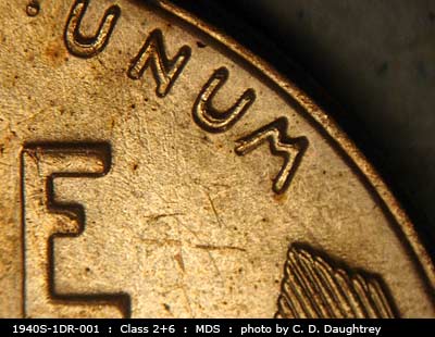 Die-stage B marker on 1940S•1DR•001 (1940 Doubled Die Reverse).