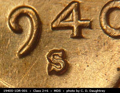Die-stage B marker on 1940S•1DR•001 (1940 Doubled Die Reverse).