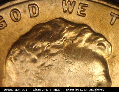 Die-stage B marker on 1940S•1DR•001 (1940 Doubled Die Reverse).