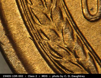 Die-stage B marker on 1940S•1DR•002 (1940 Doubled Die Reverse).