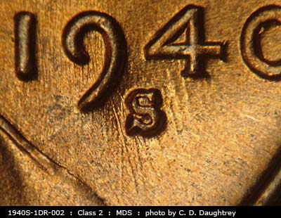 Die-stage B marker on 1940S•1DR•002 (1940 Doubled Die Reverse).