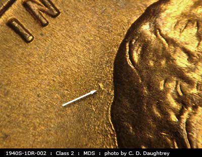 Die-stage B marker on 1940S•1DR•002 (1940 Doubled Die Reverse).