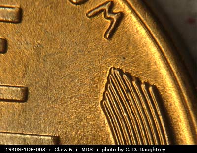 Die-stage B marker on 1940S•1DR•003 (1940 Doubled Die Reverse).