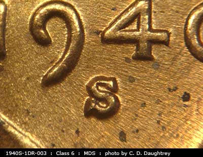 Die-stage B marker on 1940S•1DR•003 (1940 Doubled Die Reverse).