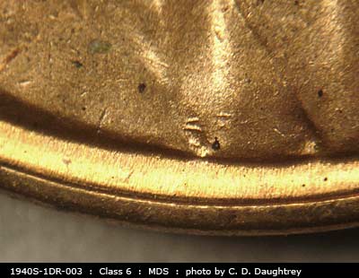 Die-stage B marker on 1940S•1DR•003 (1940 Doubled Die Reverse).