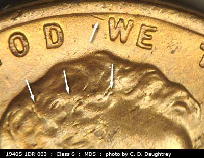 Die-stage B marker on 1940S•1DR•003 (1940 Doubled Die Reverse).