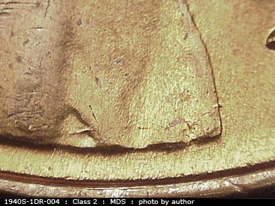 Die-stage B marker on 1940S•1DR•004 (1940 Doubled Die Reverse).