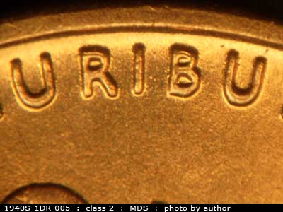 Die-stage B marker on 1940S•1DR•005 (1940 Doubled Die Reverse).