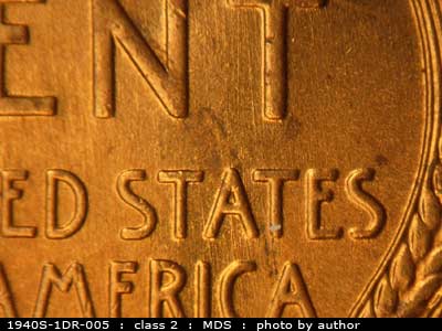 Die-stage B marker on 1940S•1DR•005 (1940 Doubled Die Reverse).