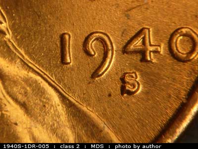 Die-stage B marker on 1940S•1DR•005 (1940 Doubled Die Reverse).