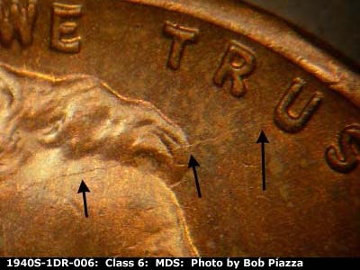 Die-stage B marker on 1940S•1DR•006 (1940 Doubled Die Reverse).