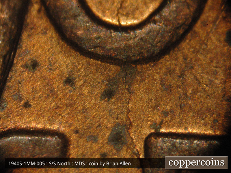 Die-stage B marker on 1940S•1MM•005 (1940 Repunched Mint Mark).