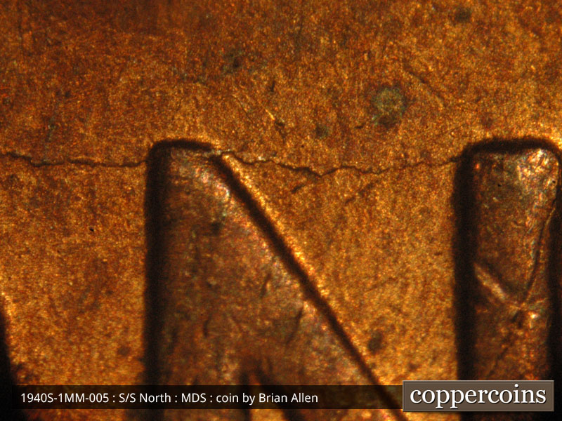 Die-stage B marker on 1940S•1MM•005 (1940 Repunched Mint Mark).