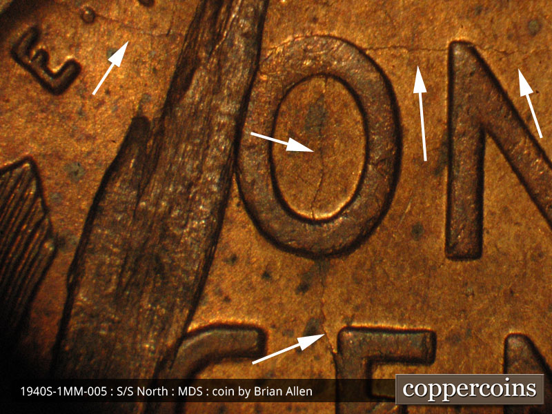 Die-stage B marker on 1940S•1MM•005 (1940 Repunched Mint Mark).