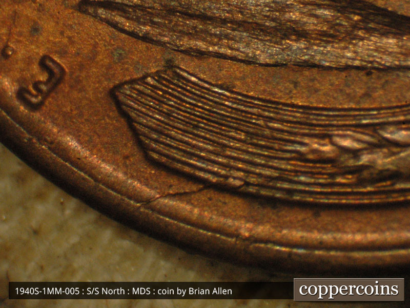 Die-stage B marker on 1940S•1MM•005 (1940 Repunched Mint Mark).