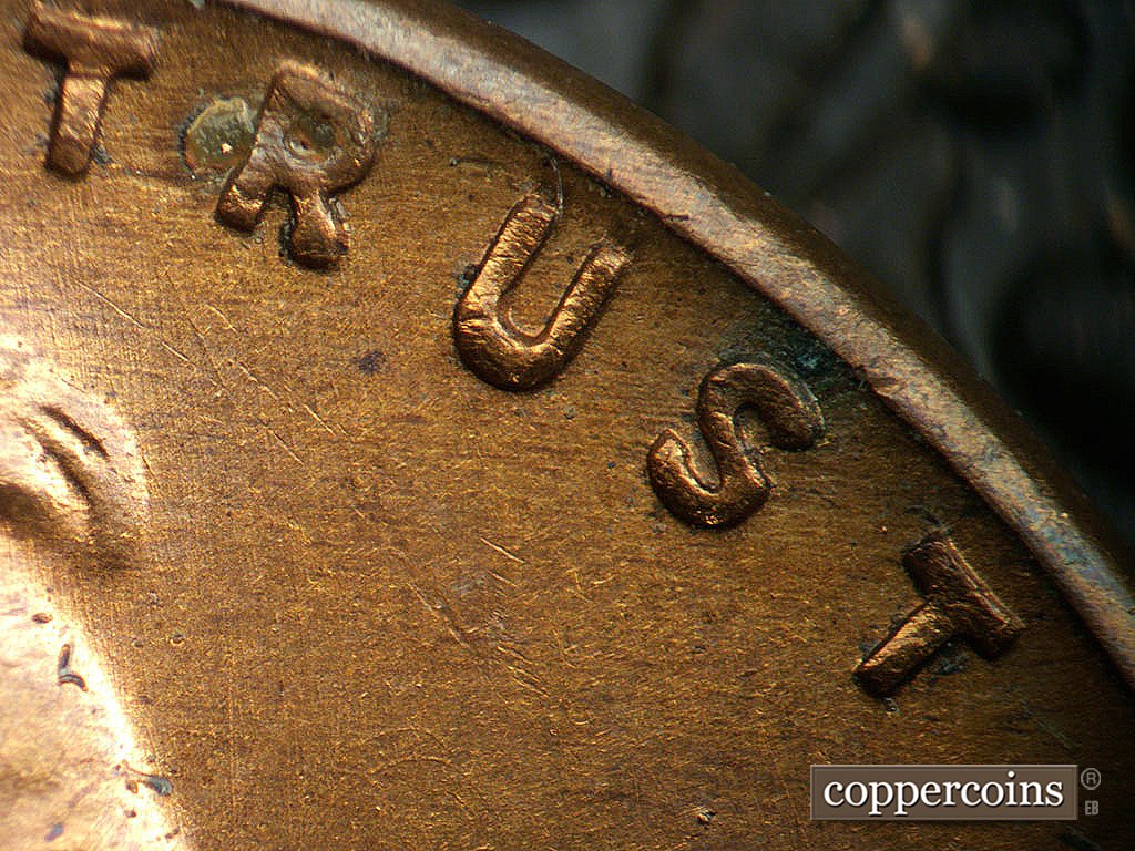 Die-stage B marker on 1941D•1DO•002 showing SSE die scratch under R in TRUST.